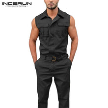 Load image into Gallery viewer, Fashion Men Jumpsuit Cargo Overalls Sleeveless Solid Color Lapel Pockets Streetwear Pants With Belt 2020 Casual Rompers - OZN Shopping