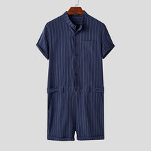 Load image into Gallery viewer, Striped Men Rompers Breathable Stand Collar Short Sleeve Joggers Playsuits Streetwear Fashion Men Jumpsuits Shorts S-5XL - OZN Shopping