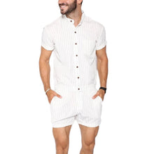 Load image into Gallery viewer, Striped Men Rompers Breathable Stand Collar Short Sleeve Joggers Playsuits Streetwear Fashion Men Jumpsuits Shorts S-5XL - OZN Shopping