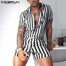 Load image into Gallery viewer, Fashion Men Striped Rompers Short Sleeve Button Shorts Lapel Jumpsuit Drawstring Streetwear 2020 Casual Playsuit Hombre INCERUN - OZN Shopping