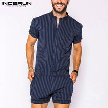 Load image into Gallery viewer, Striped Men Rompers Breathable Stand Collar Short Sleeve Joggers Playsuits Streetwear Fashion Men Jumpsuits Shorts S-5XL - OZN Shopping