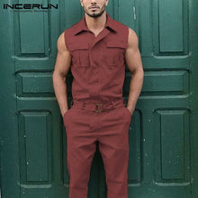 Load image into Gallery viewer, Fashion Men Jumpsuit Cargo Overalls Sleeveless Solid Color Lapel Pockets Streetwear Pants With Belt 2020 Casual Rompers - OZN Shopping