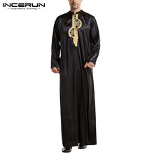 Load image into Gallery viewer, Men Loose Patchwork Muslim Kaftan Robes Islamic Clothing Vintage Long Robes Leisure Long Sleeve Stand Collar Jubba Thobe INCERUN - OZN Shopping