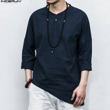 Load image into Gallery viewer, Men's Shirts Long Sleeve Solid Irregular Chinese Style Shirt Men Cotton Linen Vintage Casual Chemise - OZN Shopping