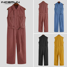 Load image into Gallery viewer, Fashion Men Jumpsuit Cargo Overalls Sleeveless Solid Color Lapel Pockets Streetwear Pants With Belt 2020 Casual Rompers - OZN Shopping
