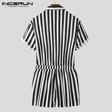 Load image into Gallery viewer, Fashion Men Striped Rompers Short Sleeve Button Shorts Lapel Jumpsuit Drawstring Streetwear 2020 Casual Playsuit Hombre INCERUN - OZN Shopping