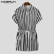 Load image into Gallery viewer, Fashion Men Striped Rompers Short Sleeve Button Shorts Lapel Jumpsuit Drawstring Streetwear 2020 Casual Playsuit Hombre INCERUN - OZN Shopping