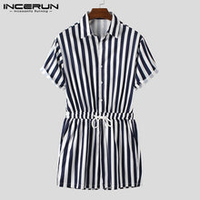 Load image into Gallery viewer, Fashion Men Striped Rompers Short Sleeve Button Shorts Lapel Jumpsuit Drawstring Streetwear 2020 Casual Playsuit Hombre INCERUN - OZN Shopping