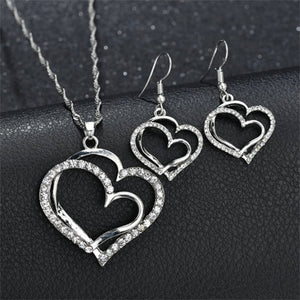 Exquisite Double Heart Necklace Earrings Bracelet Jewelry Set