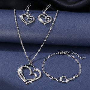 Exquisite Double Heart Necklace Earrings Bracelet Jewelry Set