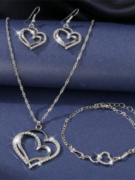 Exquisite Double Heart Necklace Earrings Bracelet Jewelry Set