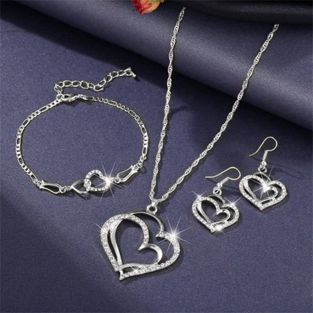 Exquisite Double Heart Necklace Earrings Bracelet Jewelry Set