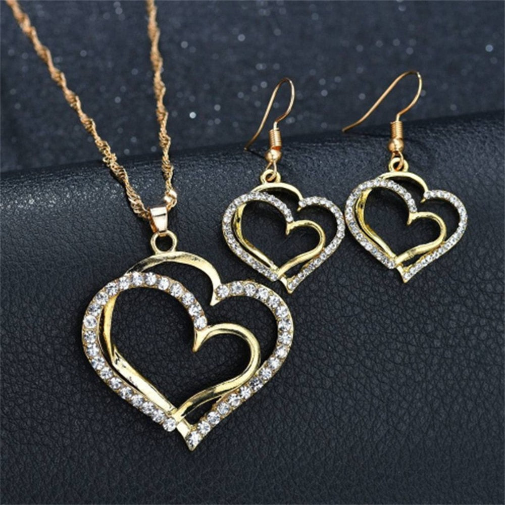 Exquisite Double Heart Necklace Earrings Bracelet Jewelry Set