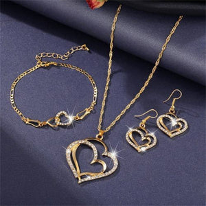 Exquisite Double Heart Necklace Earrings Bracelet Jewelry Set