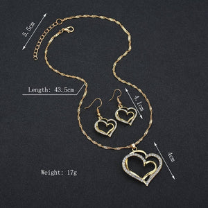 Exquisite Double Heart Necklace Earrings Bracelet Jewelry Set