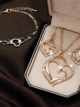 Exquisite Double Heart Necklace Earrings Bracelet Jewelry Set