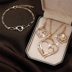 Exquisite Double Heart Necklace Earrings Bracelet Jewelry Set