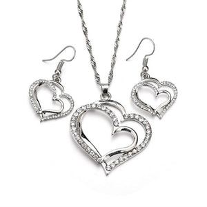 Exquisite Double Heart Necklace Earrings Bracelet Jewelry Set