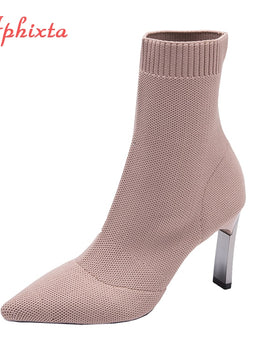 Women Stretch Fabric  Stilettos Boots with Metal Blade Heels