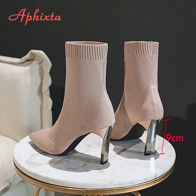 Women Stretch Fabric  Stilettos Boots with Metal Blade Heels - OZN Shopping