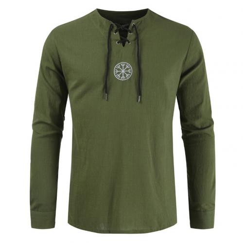 Men Shirt Top Ancient Viking Embroidery Lace Up V Neck Long Sleeve Shirt Top For Men's Clothing - OZN Shopping