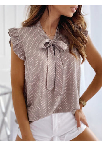 Women Summer Elegant Ruffles Sleeveless Polka Pot Lace Up Tops