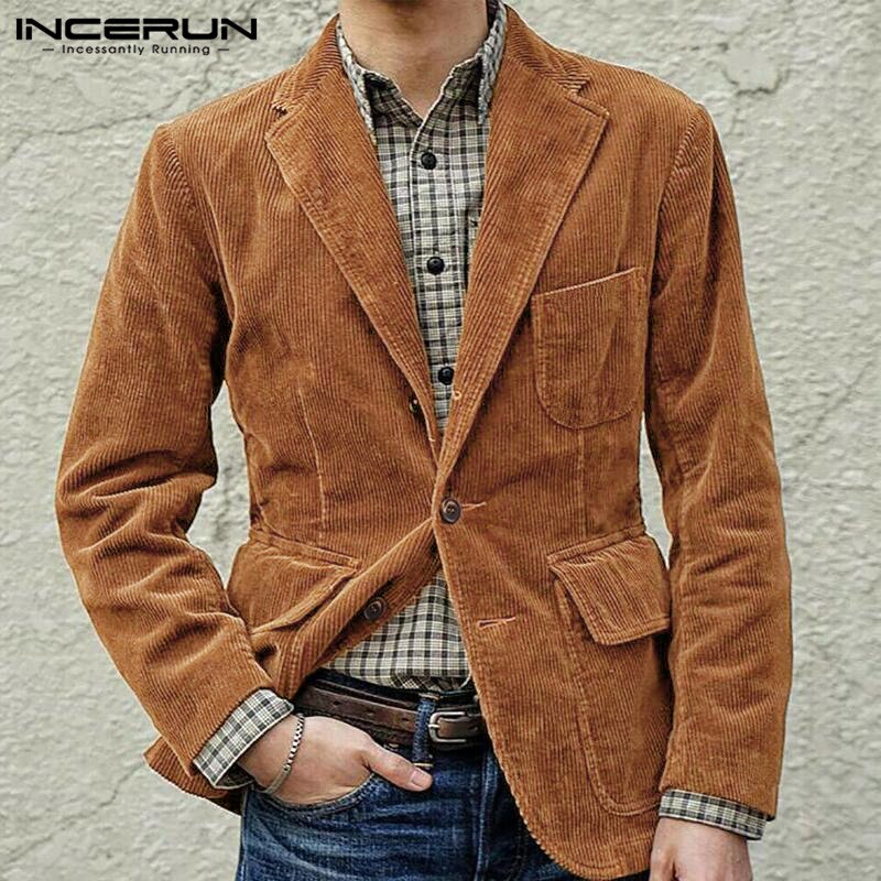 Men Corduroy Blazers Solid Lapel Business Casual Suit Multi Pockets Long Sleeve Jackets Retro Elegant Men Blazer Coats INCERUN 7 - OZN Shopping