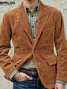 Men Corduroy Blazers Solid Lapel Business Casual Suit Multi Pockets Long Sleeve Jackets Retro Elegant Men Blazer Coats INCERUN 7