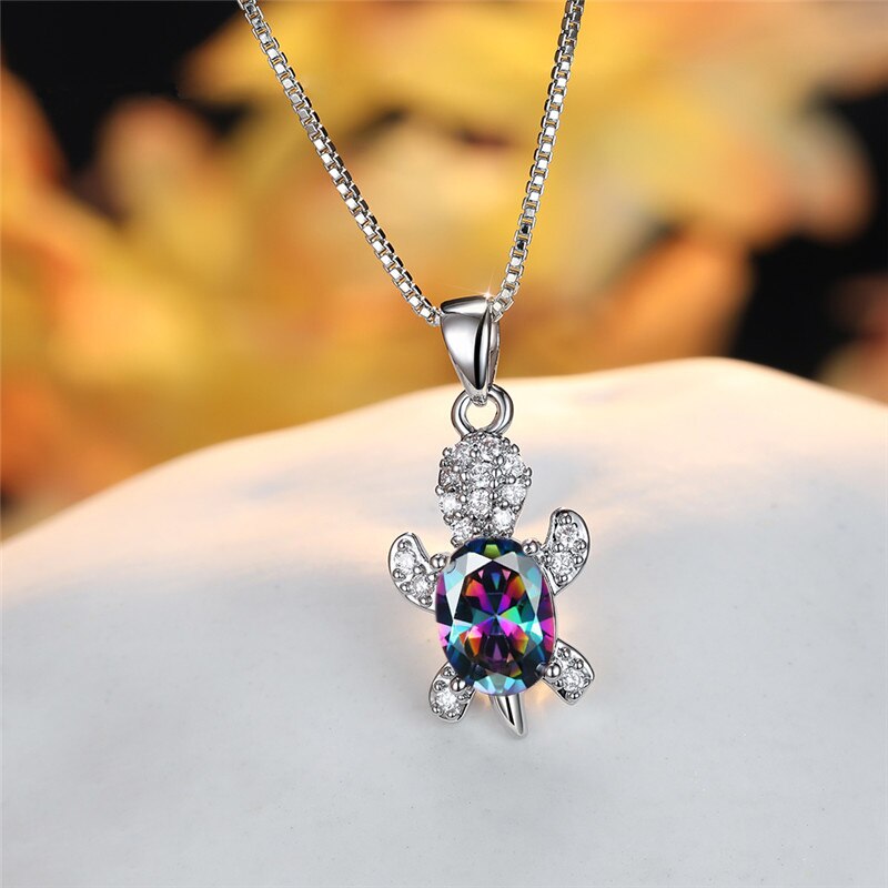 Blue Purple Oval Zircon Pendant Rainbow Stone Cute Turtle Necklaces For Women Fashion Jewelry Multicolor Crystal Animal Necklace - OZN Shopping