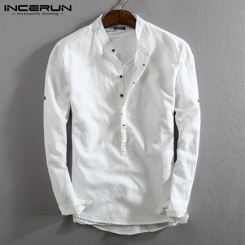 Vintage Men Casual Shirt Long Sleeve Cotton Linen Stand Collar Solid Business Streetwear Henley Shirts Men Harajuku 2020 - OZN Shopping