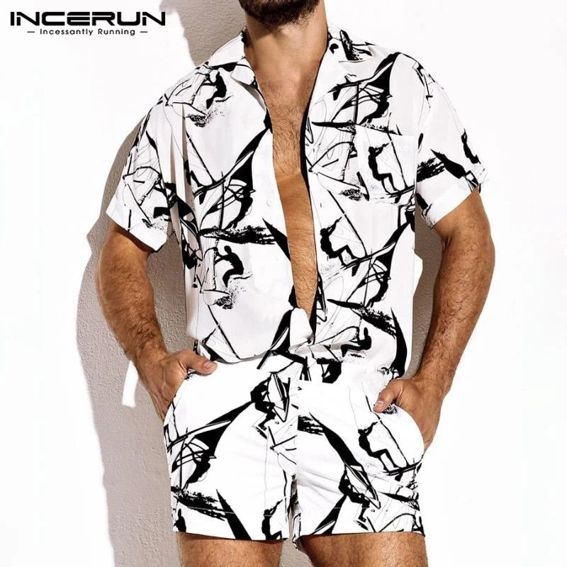 Summer Men Rompers Shorts Streetwear Printing Short Sleeve Beach Hawaiian Playsuit Button Casual Men Jumpsuits INCERUN 2020 7 - OZN Shopping