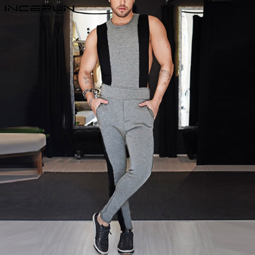 Fashion Men Patchwork Jumpsuits Streetwear Sleeveless Workout Joggers 2020 Casual Overalls O Neck Chic Men Rompers Pants INCERUN - OZN Shopping