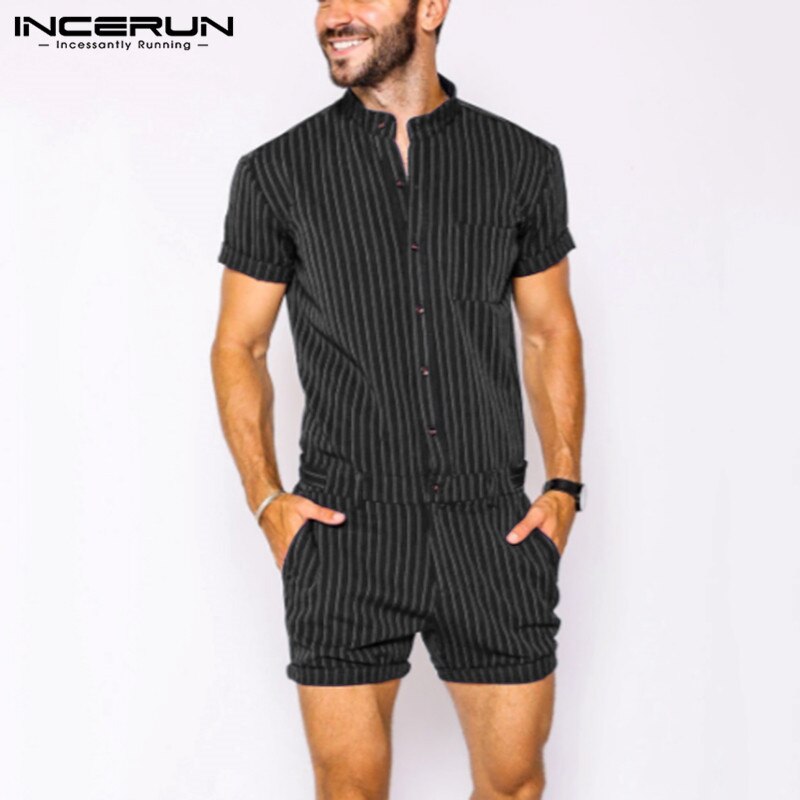 Striped Men Rompers Breathable Stand Collar Short Sleeve Joggers Playsuits Streetwear Fashion Men Jumpsuits Shorts S-5XL - OZN Shopping