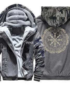 Winter Thick Mens Hoodies Viking Printing Male Jacket Hip Hop Brand Outwear Hot Sale Camouflage Sleeve Men's Jacket Casual