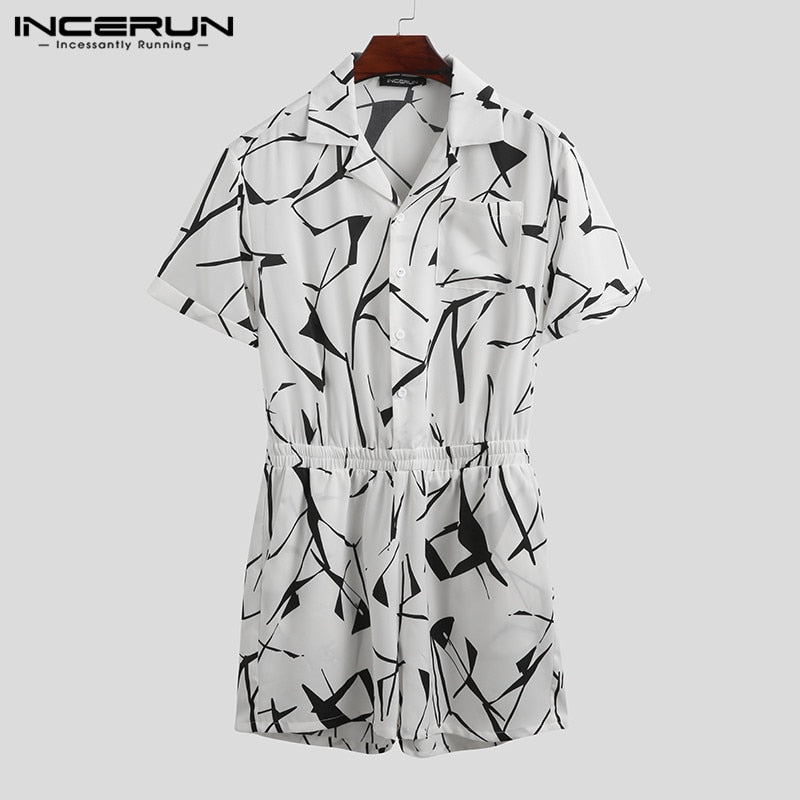 Summer Men Rompers Shorts Streetwear Printing Short Sleeve Beach Hawaiian Playsuit Button Casual Men Jumpsuits INCERUN 2020 7 - OZN Shopping