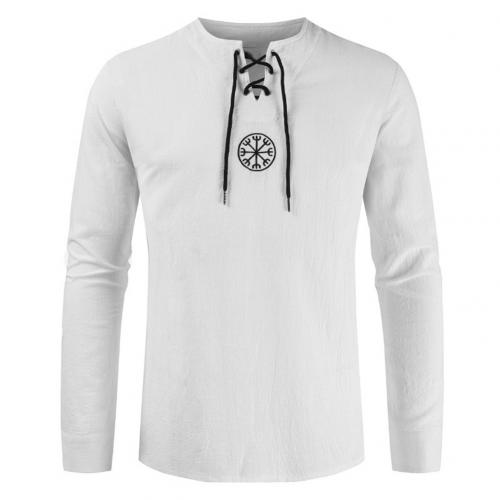 Men Shirt Top Ancient Viking Embroidery Lace Up V Neck Long Sleeve Shirt Top For Men's Clothing - OZN Shopping