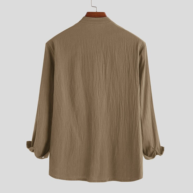 Vintage Men Casual Shirt Long Sleeve Cotton Linen Stand Collar Solid Business Streetwear Henley Shirts Men Harajuku 2020 - OZN Shopping