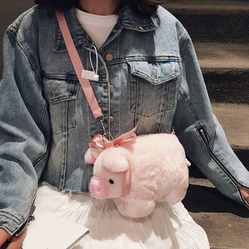 Fluffy Pink Pig Cute Soft Plush Girls Shoulder Bag - OZN Shopping