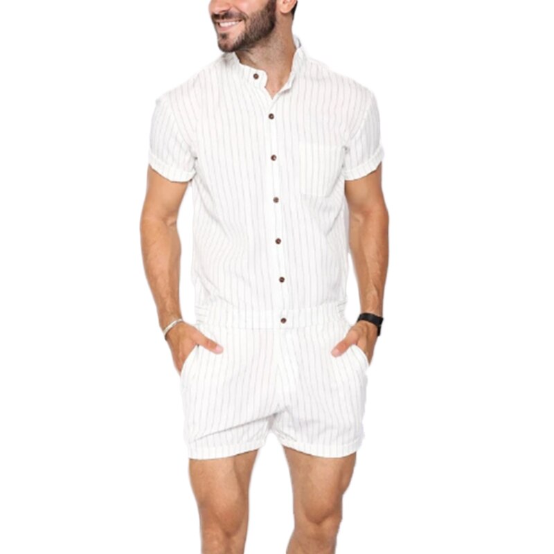 Striped Men Rompers Breathable Stand Collar Short Sleeve Joggers Playsuits Streetwear Fashion Men Jumpsuits Shorts S-5XL - OZN Shopping