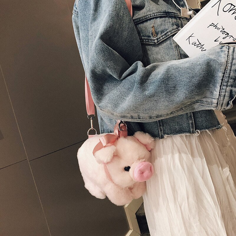 Fluffy Pink Pig Cute Soft Plush Girls Shoulder Bag - OZN Shopping