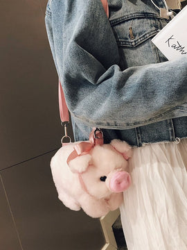 Fluffy Pink Pig Cute Soft Plush Girls Shoulder Bag