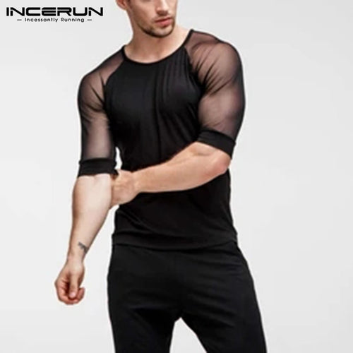 Summer Mesh Patchwork Men T Shirt Short Sleeve Slim O Neck Party Sexy Breathable Nightclub T-shirts Casual Tee Tops INCERUN - OZN Shopping