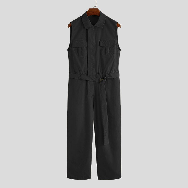 Fashion Men Jumpsuit Cargo Overalls Sleeveless Solid Color Lapel Pockets Streetwear Pants With Belt 2020 Casual Rompers - OZN Shopping