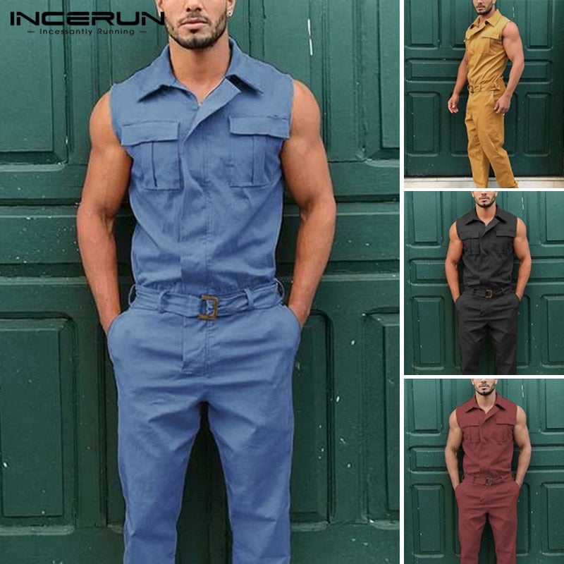 Fashion Men Jumpsuit Cargo Overalls Sleeveless Solid Color Lapel Pockets Streetwear Pants With Belt 2020 Casual Rompers - OZN Shopping