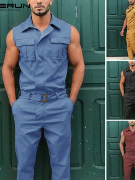 Fashion Men Jumpsuit Cargo Overalls Sleeveless Solid Color Lapel Pockets Streetwear Pants With Belt 2020 Casual Rompers