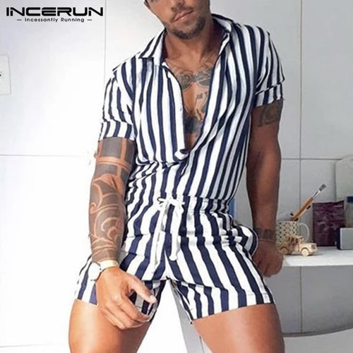 Fashion Men Striped Rompers Short Sleeve Button Shorts Lapel Jumpsuit Drawstring Streetwear 2020 Casual Playsuit Hombre INCERUN - OZN Shopping