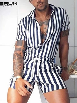 Fashion Men Striped Rompers Short Sleeve Button Shorts Lapel Jumpsuit Drawstring Streetwear 2020 Casual Playsuit Hombre INCERUN