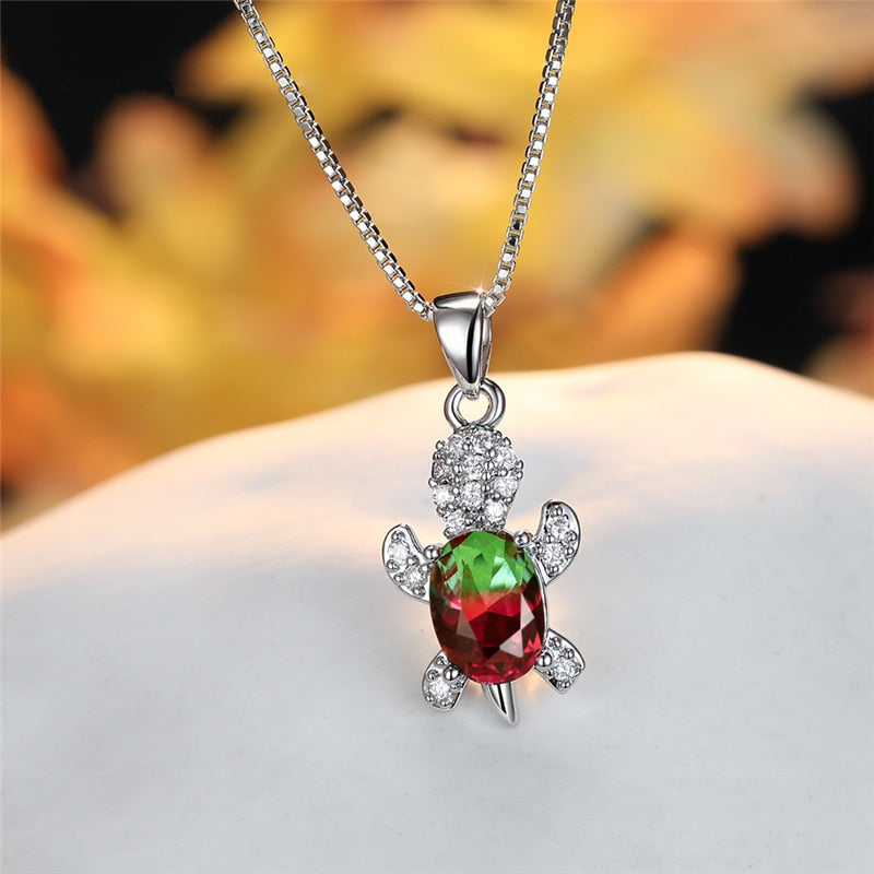 Blue Purple Oval Zircon Pendant Rainbow Stone Cute Turtle Necklaces For Women Fashion Jewelry Multicolor Crystal Animal Necklace - OZN Shopping