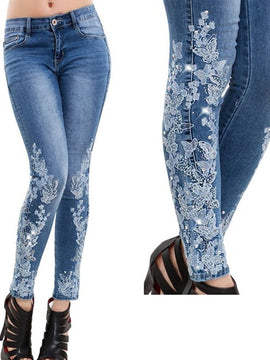 Embroidered Jeans Women Pants