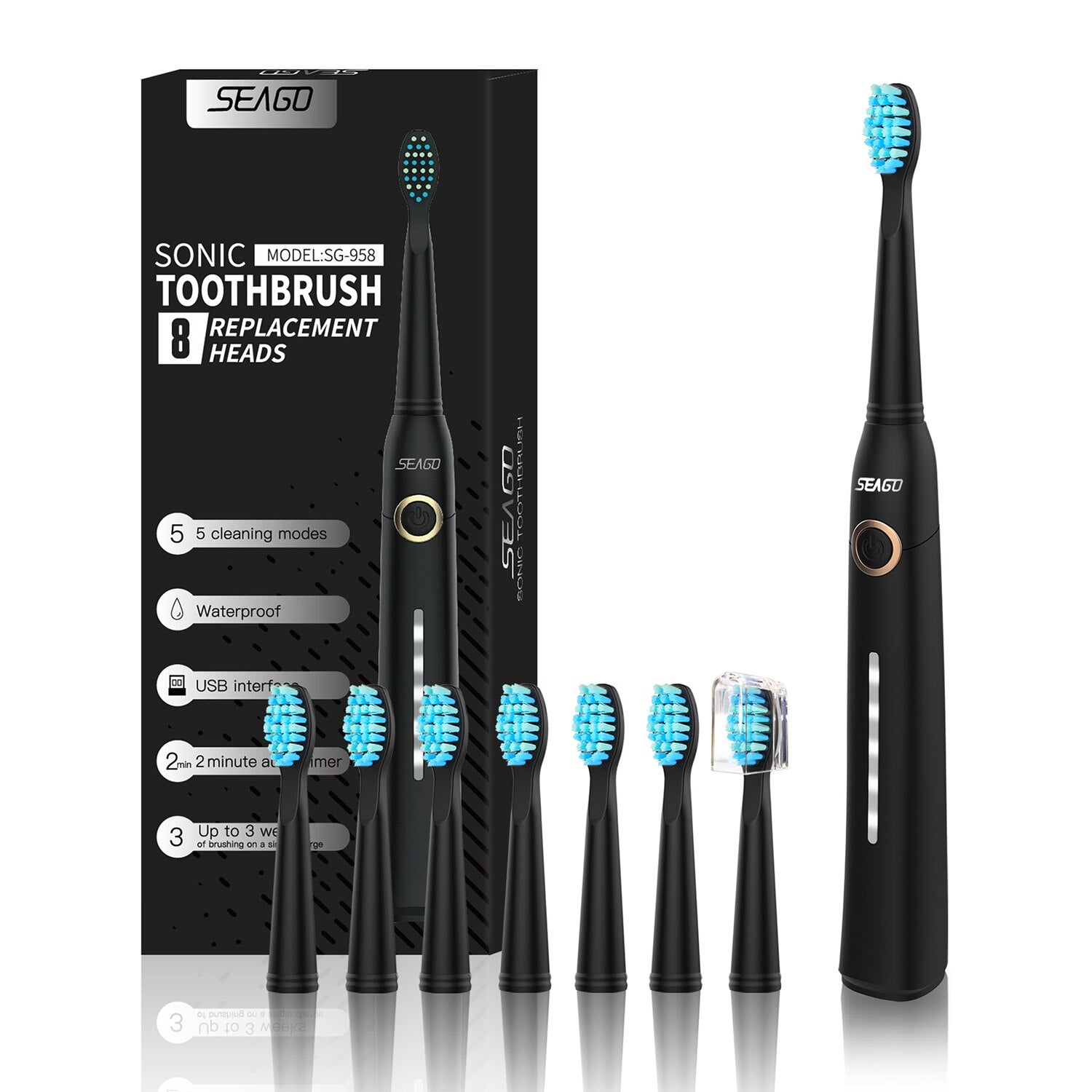 Seago Sonic Electric Toothbrush Tooth brush USB Rechargeable adult Waterproof Ultrasonic automatic 5 Mode with Travel case - OZN Shopping